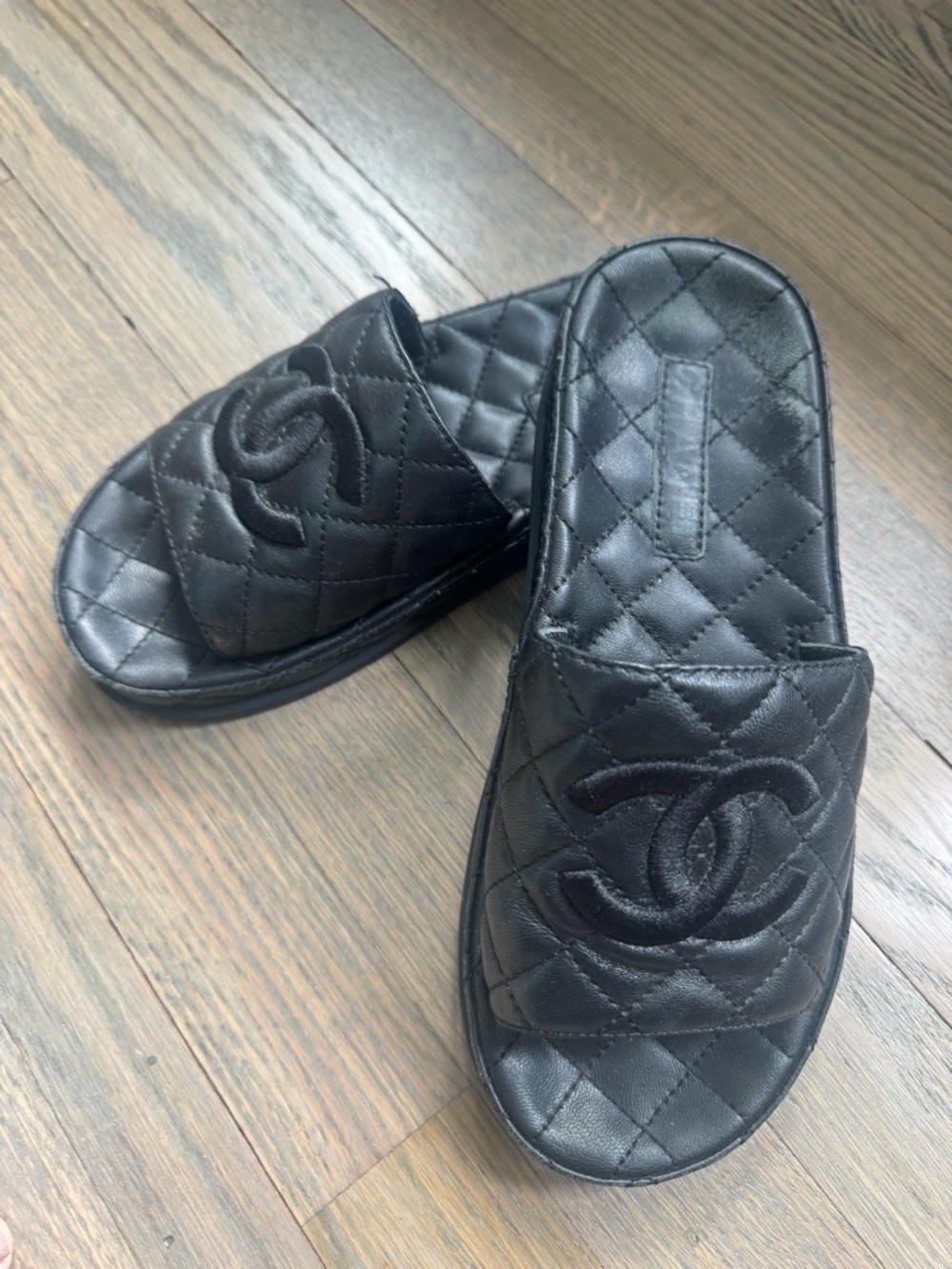 CHANEL Black Quilted CC Logo Slide Sandals